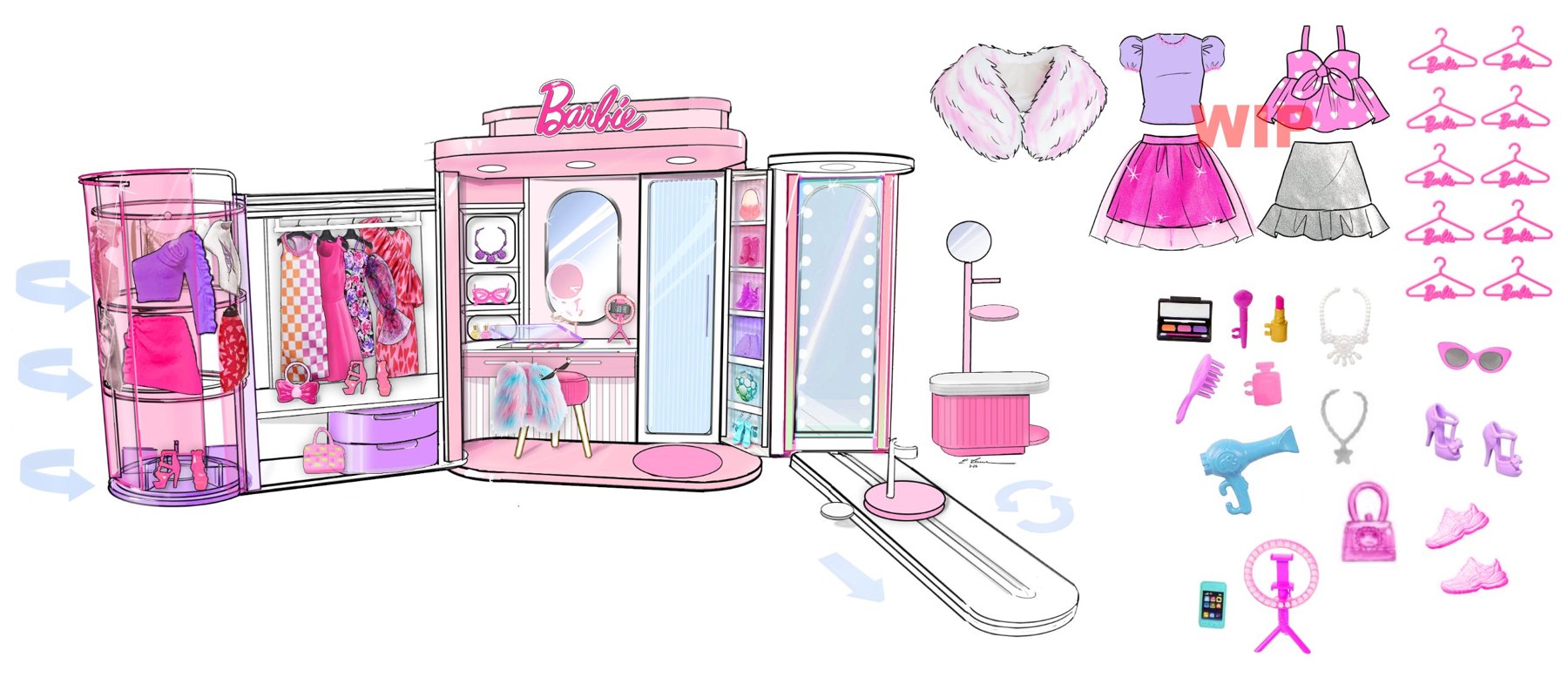Barbie Deluxe Style Closet, Design rendering with fashion and accessory line-up, image 2