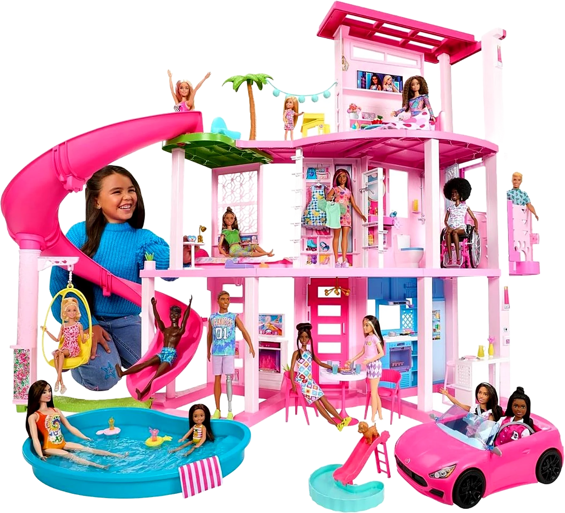 The Barbie Dreamhouse designed by Esther Levine: three stories, a spiral slide, a pool and an elevator