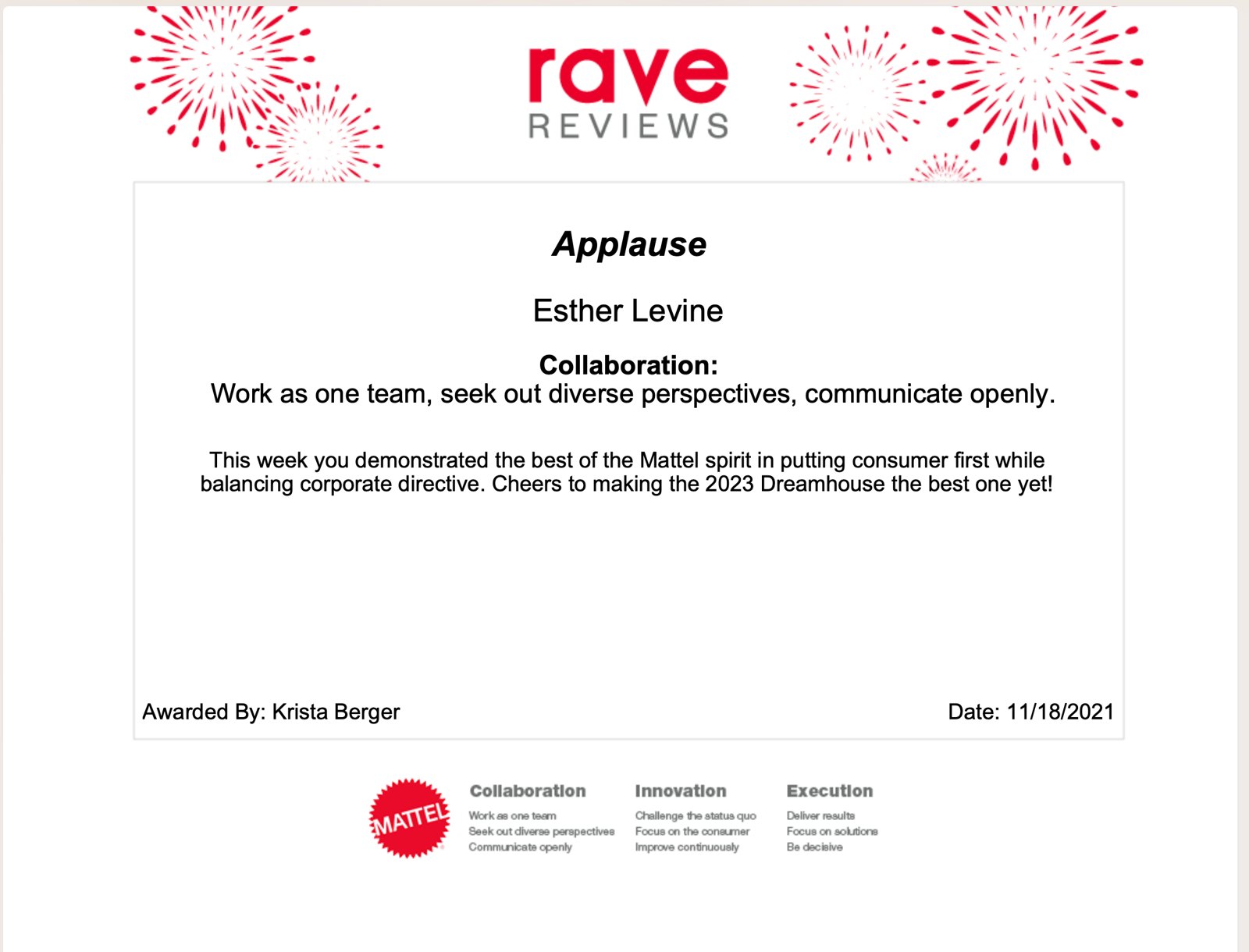 Mattel Applause award for Esther Levine, Collaboration, 2021