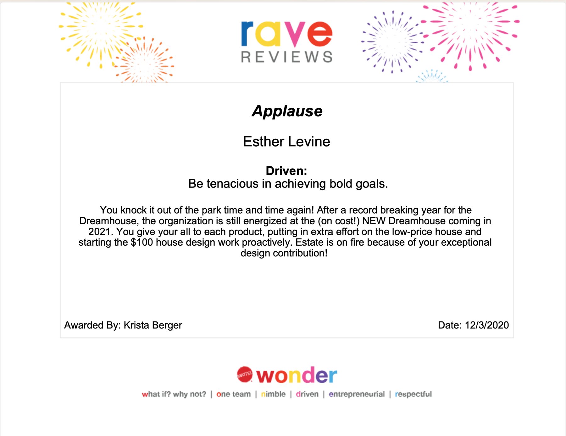 Mattel Applause award for Esther Levine, Driven, 2020