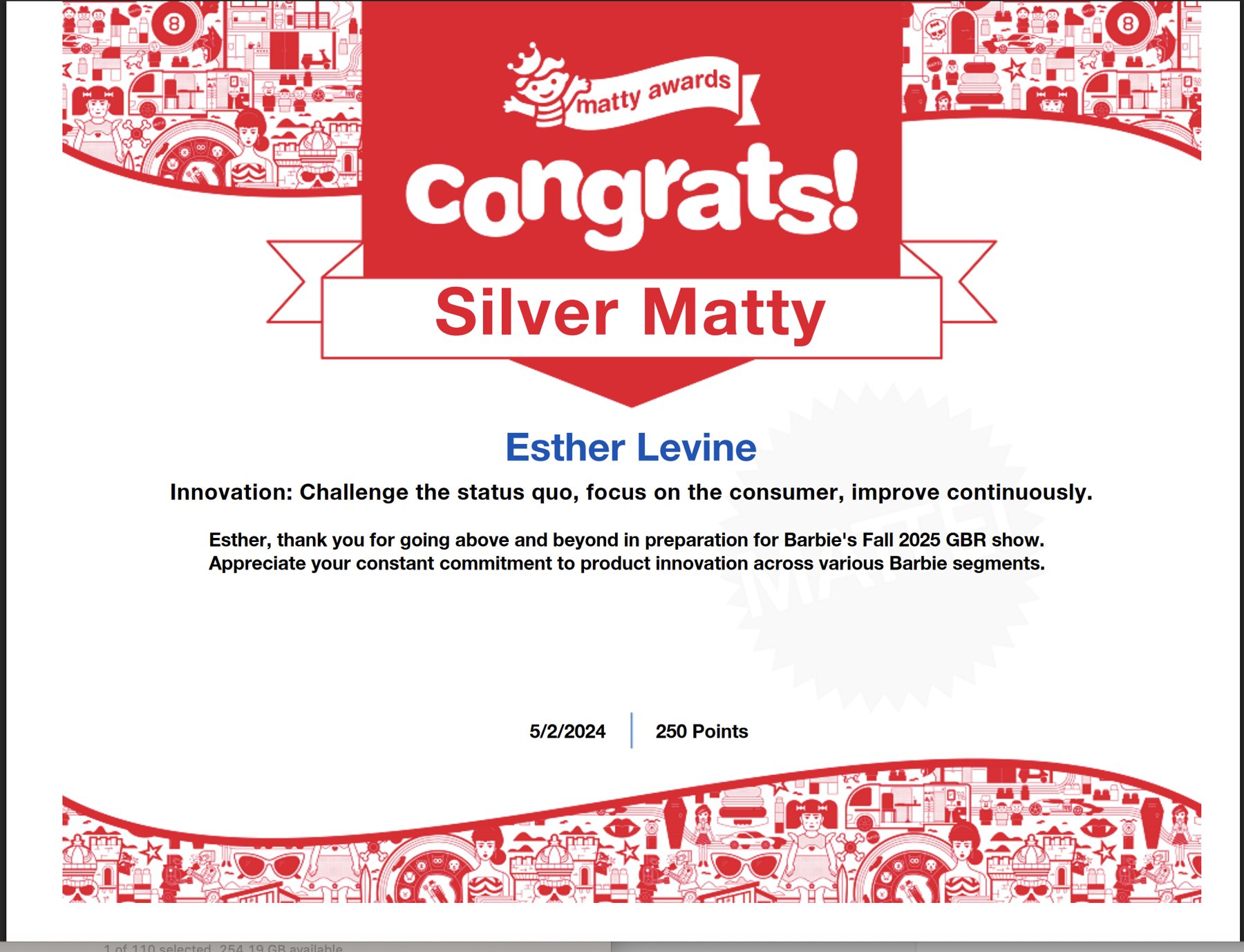 Mattel Silver Matty award certificate for Esther Levine, Innovation, 2024