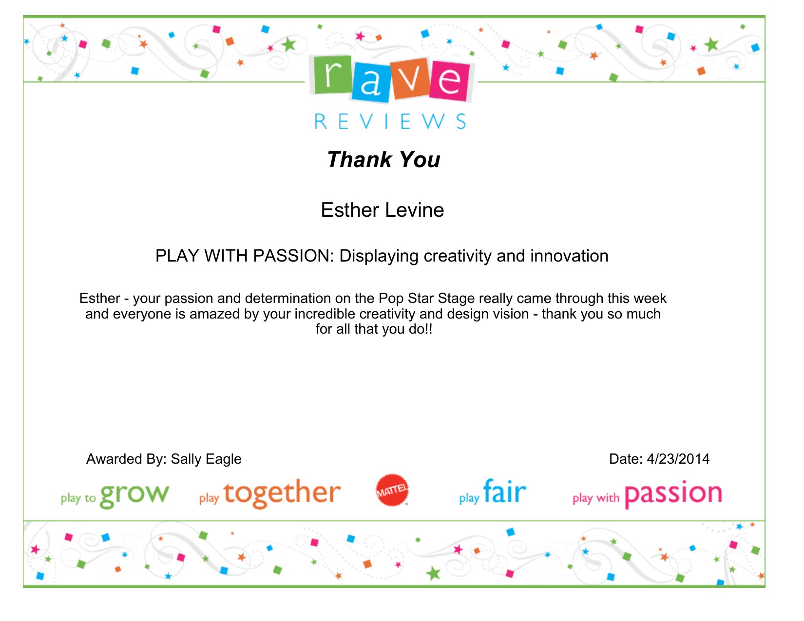Mattel Thank You award for Esther Levine, Play With Passion, 2014